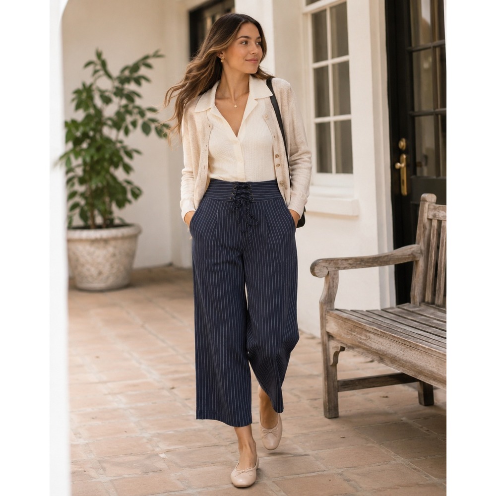 Everly Pinstripe Lace Up Wide Leg Pants Navy Blue S Dark Academia